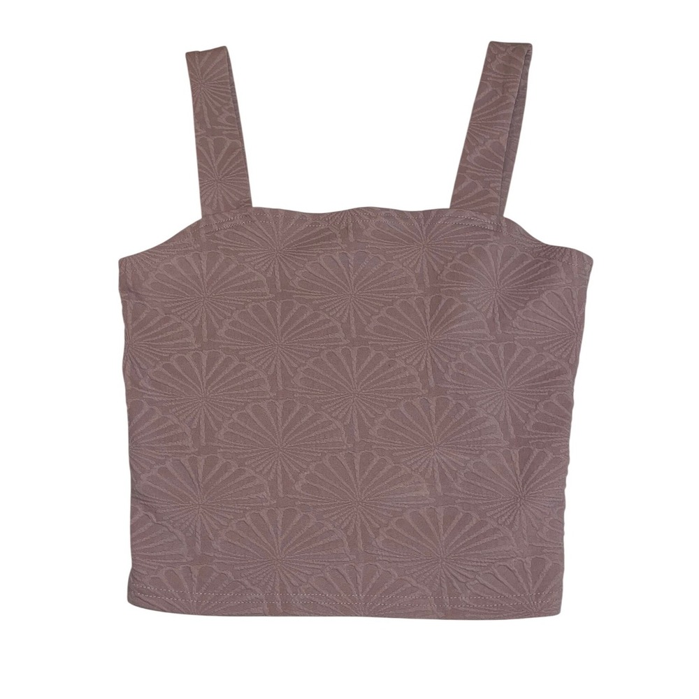Textured Jacquard Knit Crop Top Mauve Rose Fan Pattern Square Neck Camisole